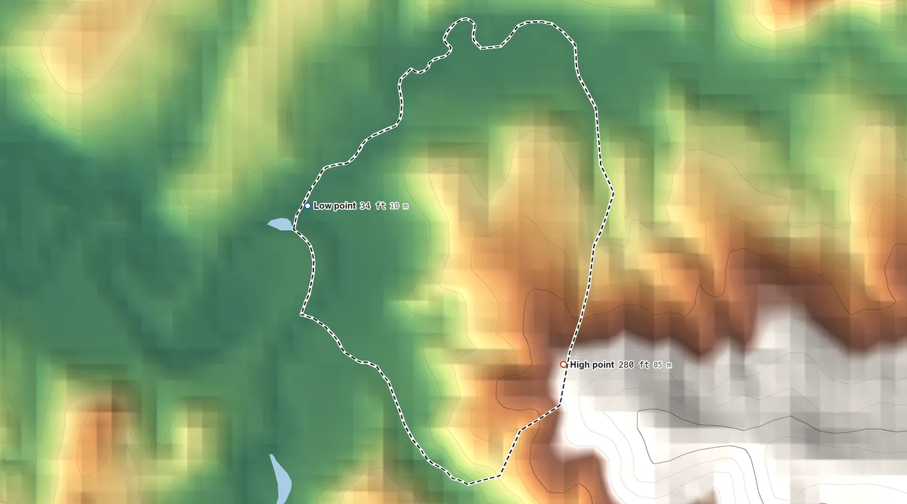 Topographic elevation map of Isleta, Puerto Rico, shaded from 34 ft on the northwest side to 280 ft at the foot of the Cordillera Jaicoa