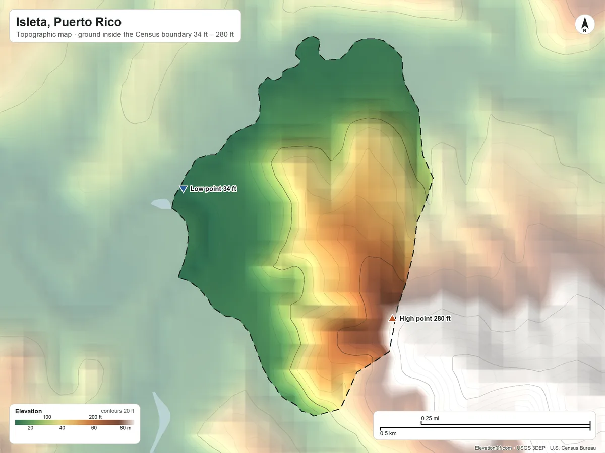 Topographic elevation map of Isleta, Puerto Rico, shaded from 34 ft on the northwest side to 280 ft at the foot of the Cordillera Jaicoa