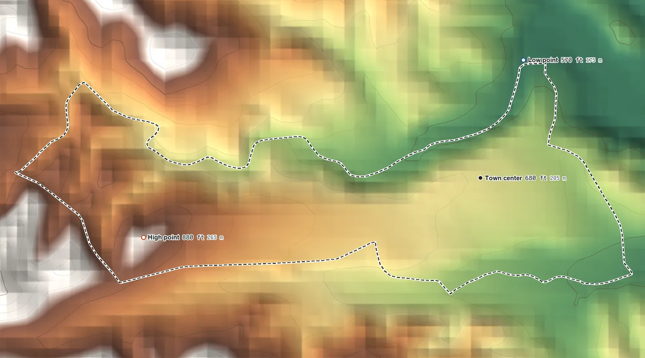 Topographic elevation map of Jagual, Puerto Rico, shaded from 570 ft on the north side to 880 ft at the foot of the Sierra de Cayey