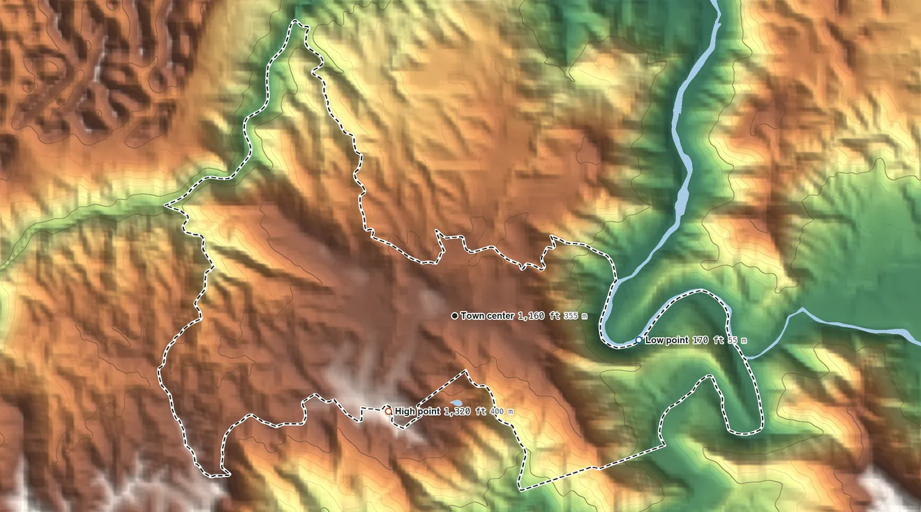Topographic elevation map of Jaguas, Puerto Rico, shaded from 170 ft on the east side to 1,320 ft on the southwest side