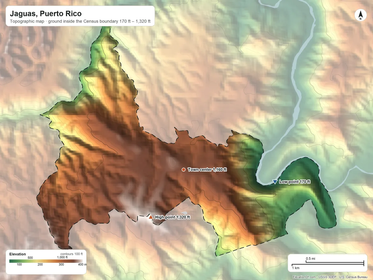 Topographic elevation map of Jaguas, Puerto Rico, shaded from 170 ft on the east side to 1,320 ft on the southwest side