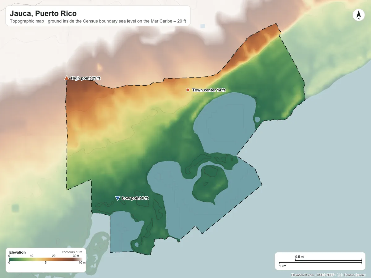 Topographic elevation map of Jauca, Puerto Rico, shaded from sea level level on the Mar Caribe to 29 ft on the west side