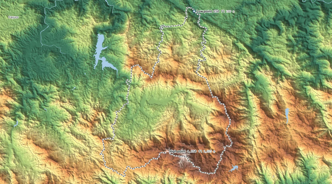 Topographic elevation map of Jayuya Municipio, Puerto Rico, shaded from 650 ft on the north side to 4,350 ft on Cerro de Punta