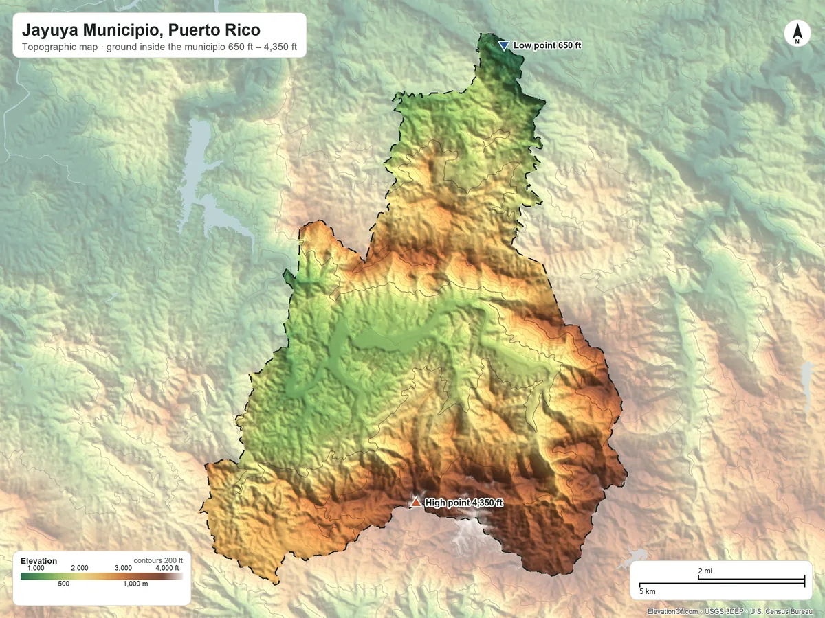 Topographic elevation map of Jayuya Municipio, Puerto Rico, shaded from 650 ft on the north side to 4,350 ft on Cerro de Punta
