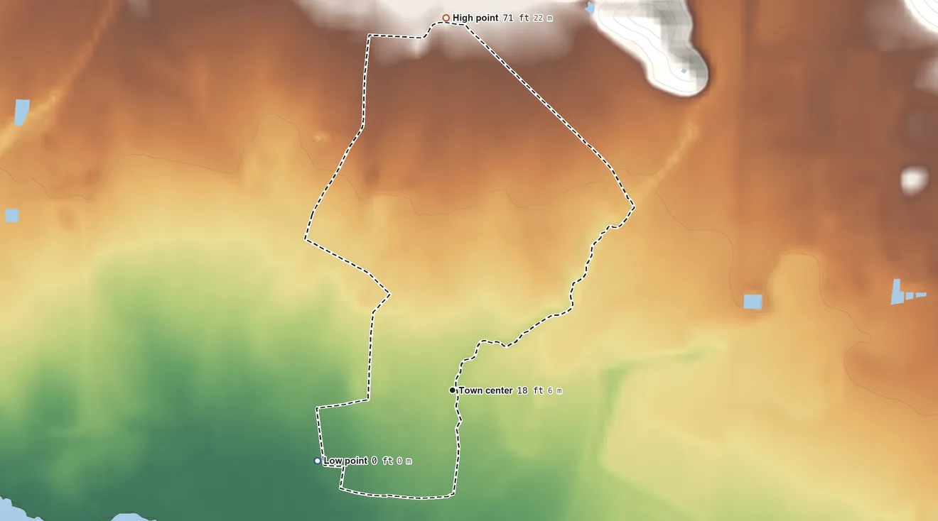 Topographic elevation map of Jobos, Puerto Rico, shaded from sea level level on the Bahía de Jobos to 71 ft at the foot of the Sierra de Jájome