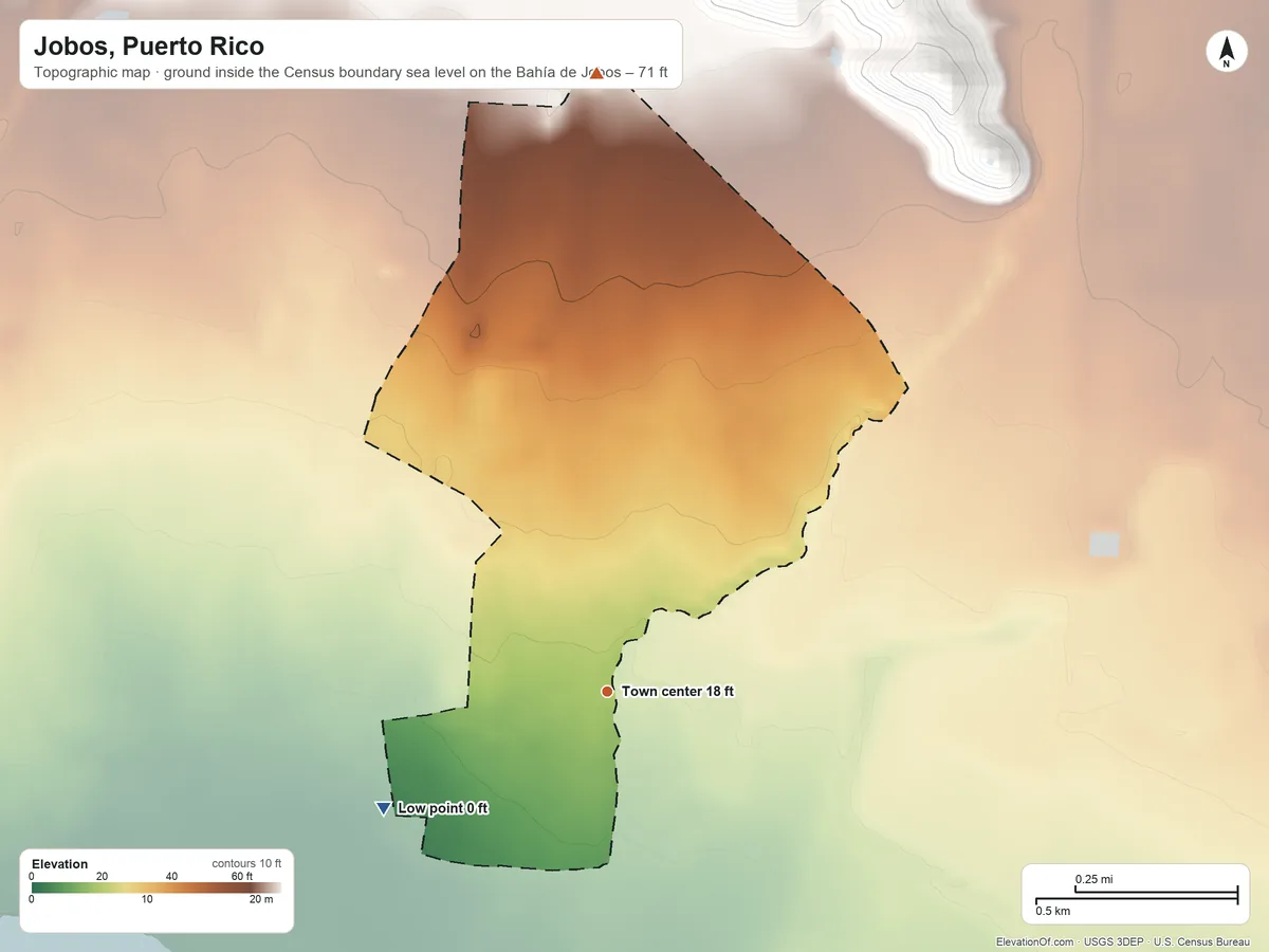 Topographic elevation map of Jobos, Puerto Rico, shaded from sea level level on the Bahía de Jobos to 71 ft at the foot of the Sierra de Jájome