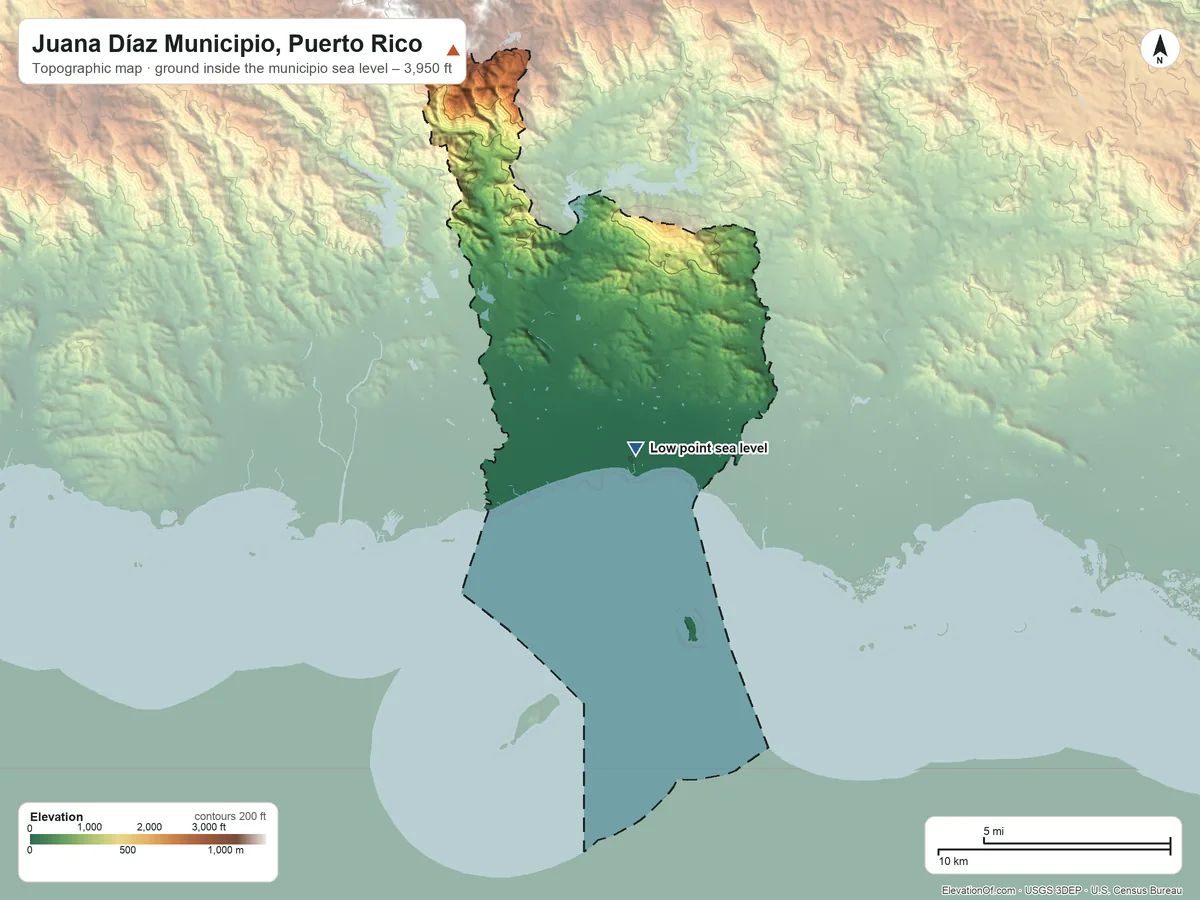Topographic elevation map of Juana Díaz Municipio, Puerto Rico, shaded from sea level on the Mar Caribe to 3,950 ft on the north side