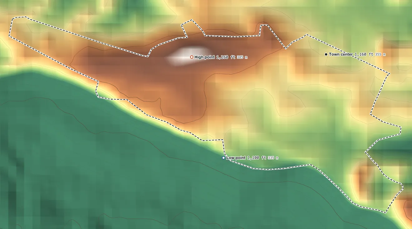 Topographic elevation map of Juncal, Puerto Rico, shaded from 1,100 ft on the southwest side to 1,260 ft on the west side