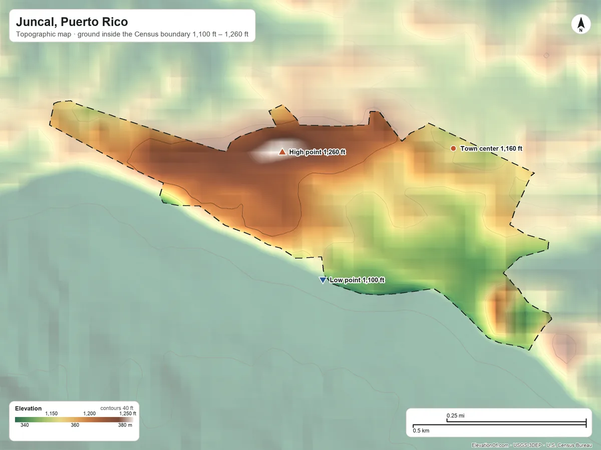 Topographic elevation map of Juncal, Puerto Rico, shaded from 1,100 ft on the southwest side to 1,260 ft on the west side