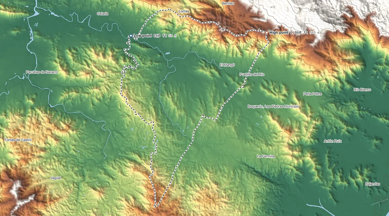 Topographic elevation map of Juncos Municipio, Puerto Rico, shaded from 160 ft on the northwest side to 1,860 ft on the northeast side