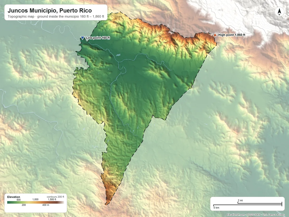 Topographic elevation map of Juncos Municipio, Puerto Rico, shaded from 160 ft on the northwest side to 1,860 ft on the northeast side