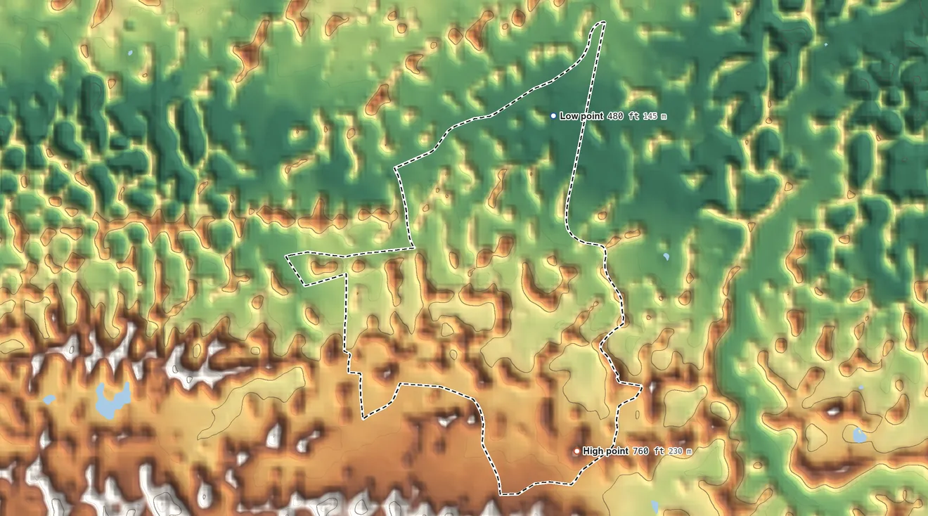 Topographic elevation map of La Alianza, Puerto Rico, shaded from 480 ft on the northeast side to 760 ft on the southeast side