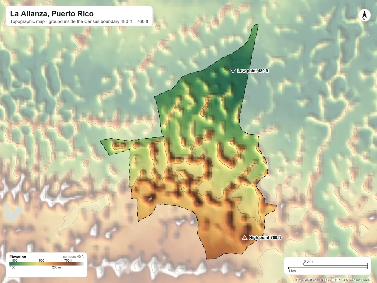 Topographic elevation map of La Alianza, Puerto Rico, shaded from 480 ft on the northeast side to 760 ft on the southeast side