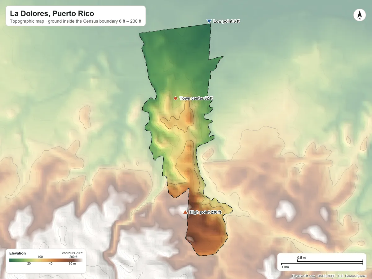 Topographic elevation map of La Dolores, Puerto Rico, shaded from 6 ft on the northeast side to 230 ft at the foot of the Sierra de Luquillo