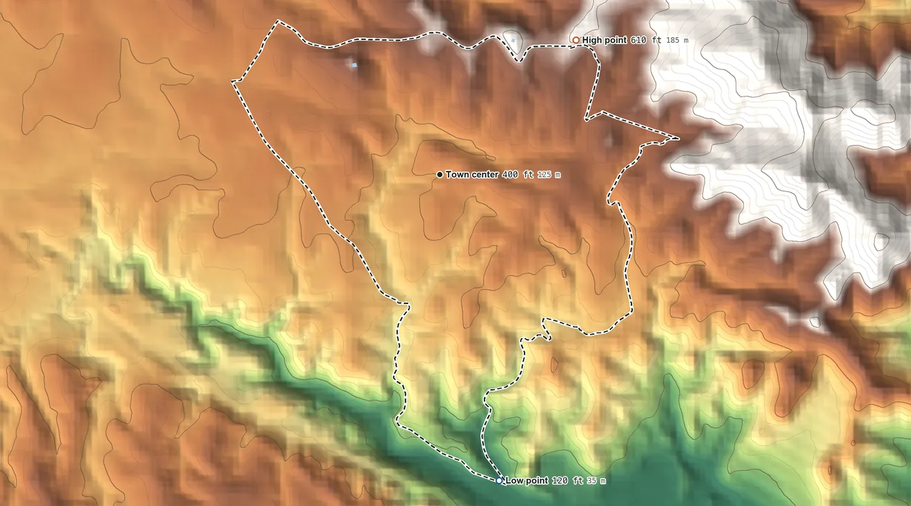 Topographic elevation map of La Fermina, Puerto Rico, shaded from 120 ft on the south side to 610 ft at the foot of the Sierra de Luquillo