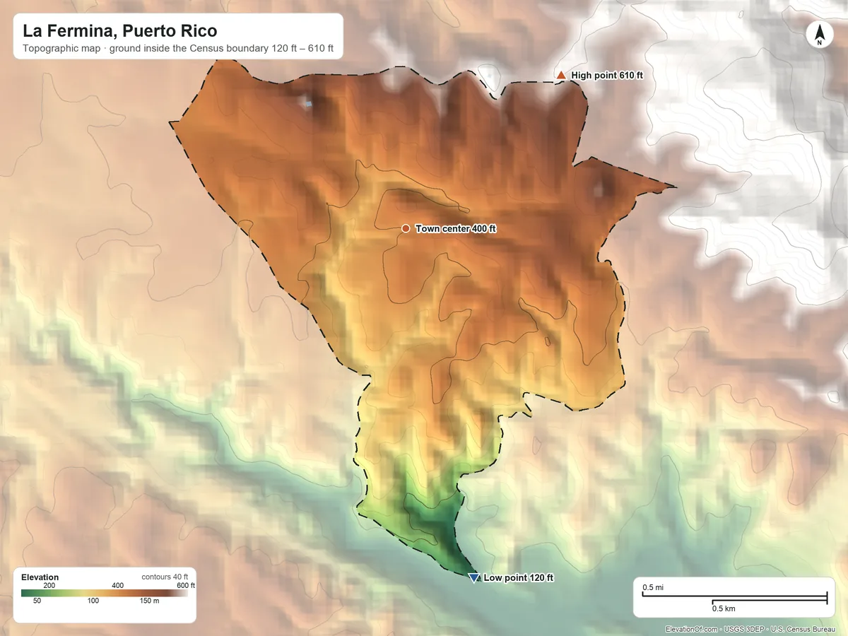 Topographic elevation map of La Fermina, Puerto Rico, shaded from 120 ft on the south side to 610 ft at the foot of the Sierra de Luquillo