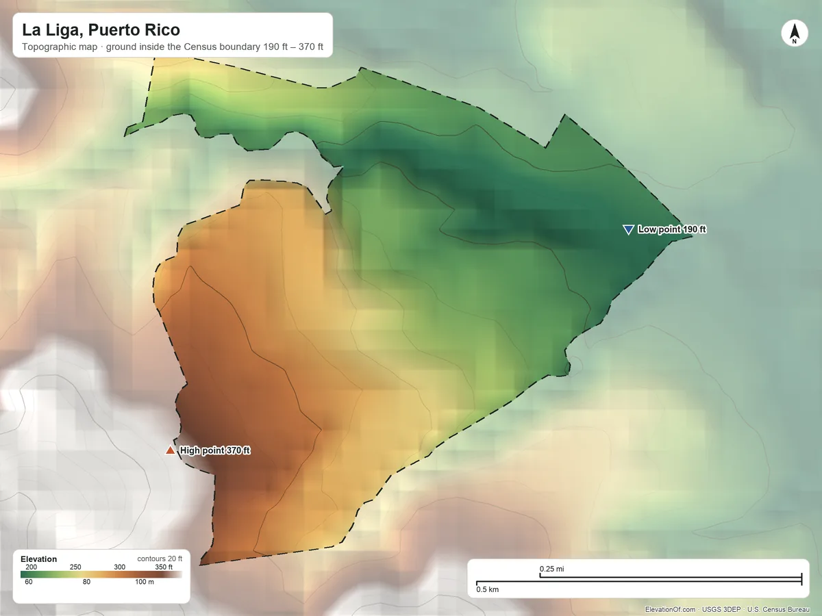 Topographic elevation map of La Liga, Puerto Rico, shaded from 190 ft on the east side to 370 ft at the foot of the Altos de la Mesa
