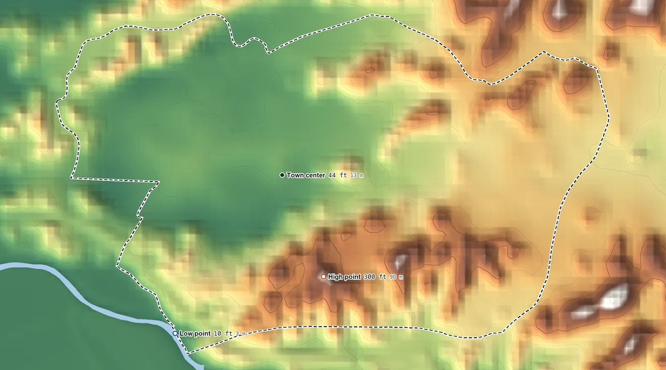 Topographic elevation map of La Luisa, Puerto Rico, shaded from 10 ft on the southwest side to 300 ft on the south side