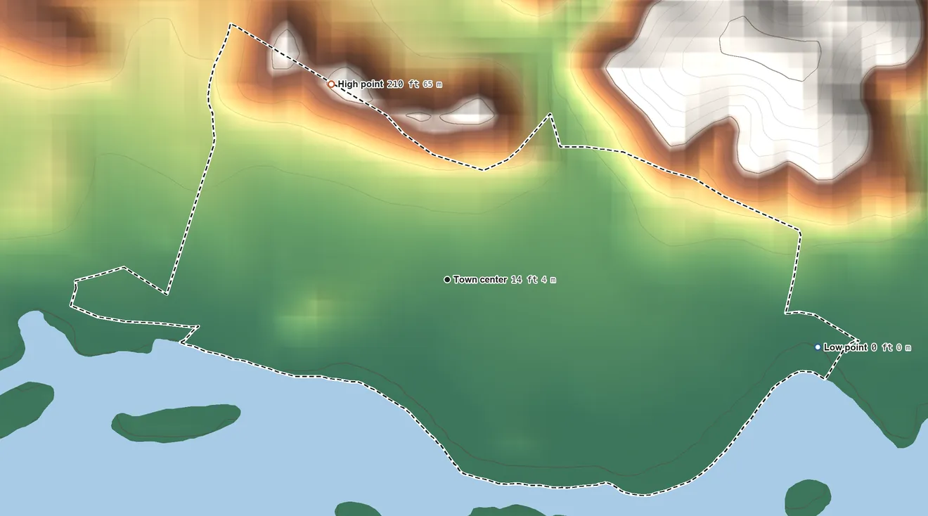 Topographic elevation map of La Parguera, Puerto Rico, shaded from sea level level on the Mar Caribe to 210 ft on the northwest side