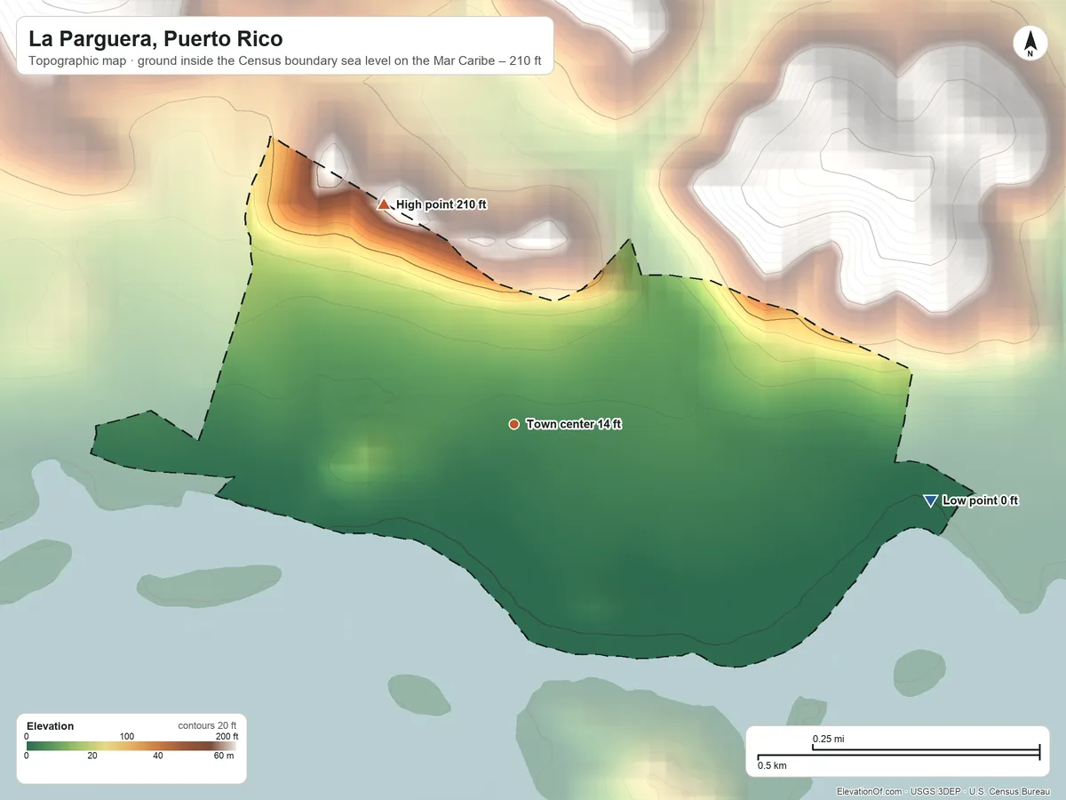 Topographic elevation map of La Parguera, Puerto Rico, shaded from sea level level on the Mar Caribe to 210 ft on the northwest side