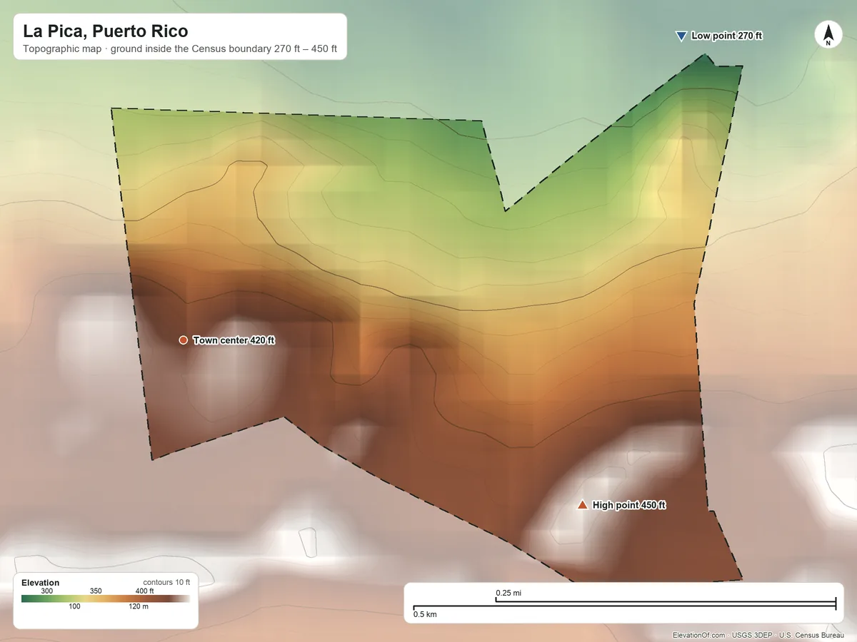 Topographic elevation map of La Pica, Puerto Rico, shaded from 270 ft on the northeast side to 450 ft on the east side