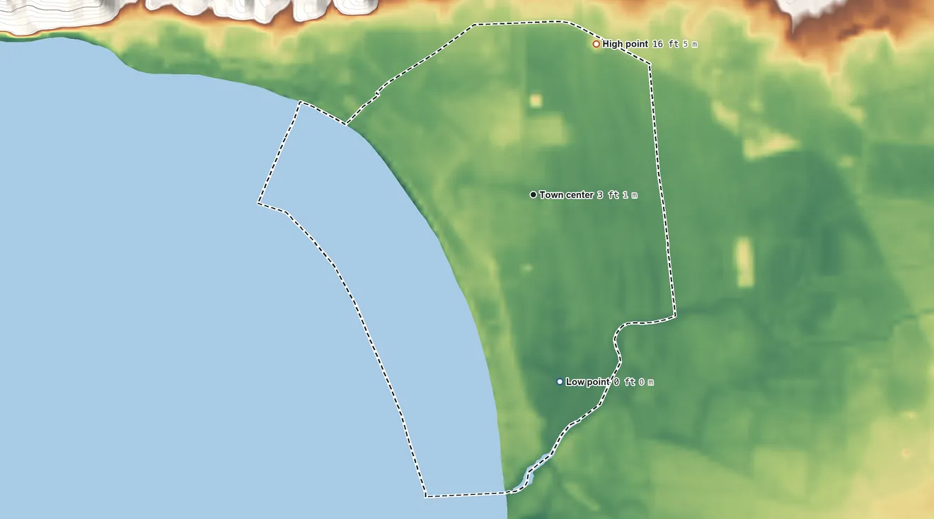 Topographic elevation map of La Playa, Puerto Rico, shaded from sea level level on the Bahía de Añasco to 16 ft at the foot of the La Cadena