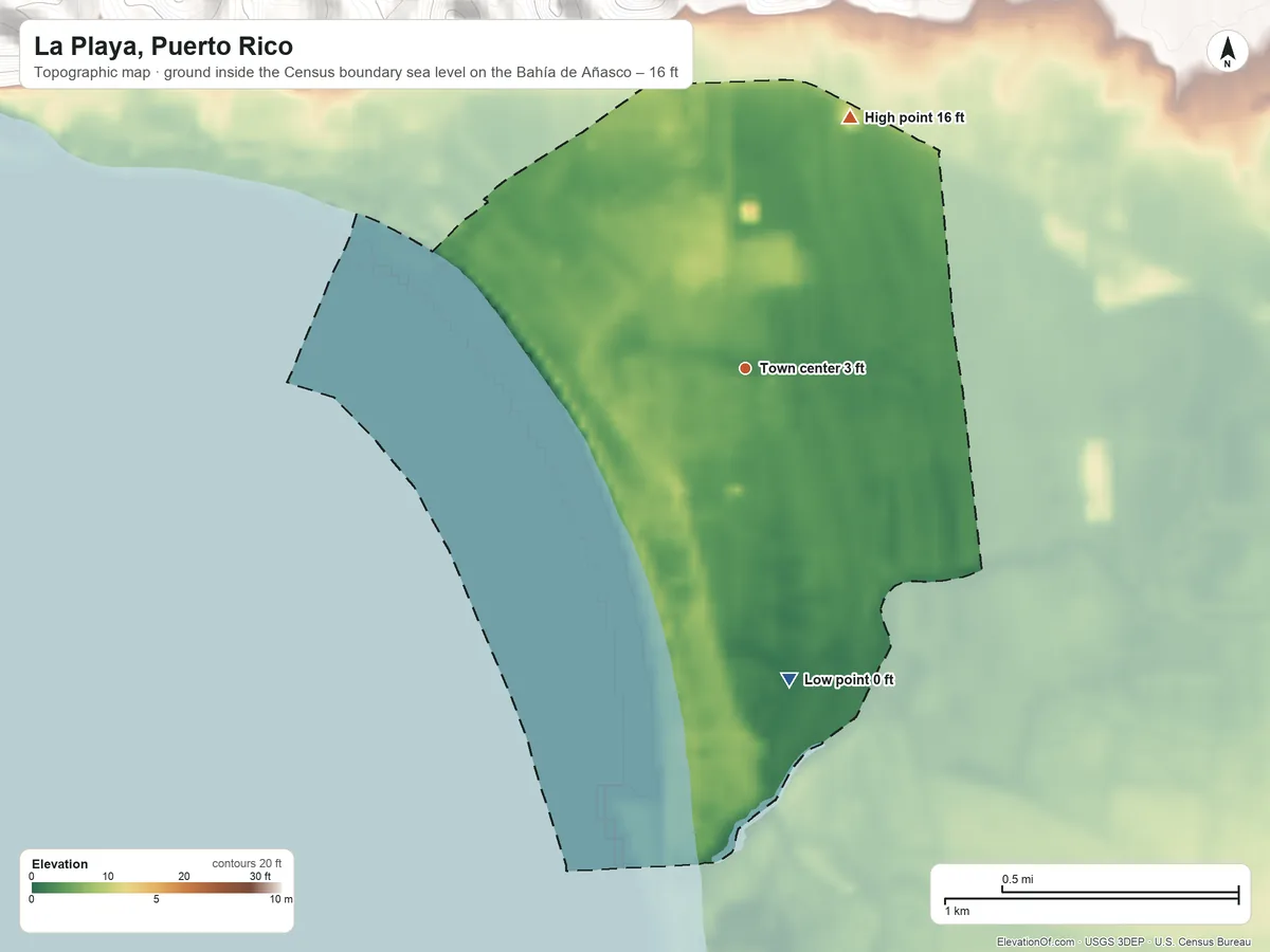 Topographic elevation map of La Playa, Puerto Rico, shaded from sea level level on the Bahía de Añasco to 16 ft at the foot of the La Cadena