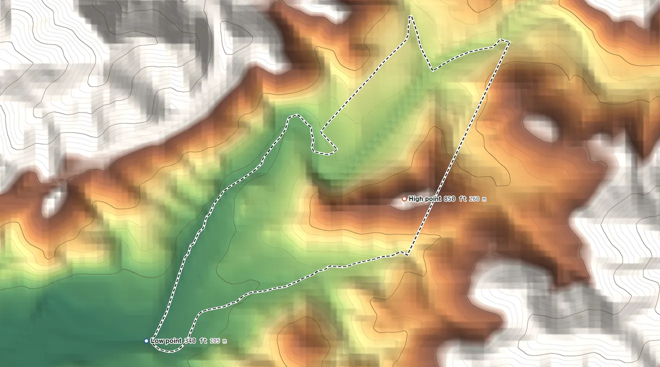 Topographic elevation map of La Plena, Puerto Rico, shaded from 340 ft on the southwest side to 850 ft at the foot of the Sierra de Jájome