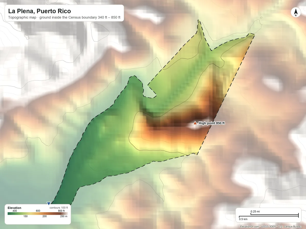 Topographic elevation map of La Plena, Puerto Rico, shaded from 340 ft on the southwest side to 850 ft at the foot of the Sierra de Jájome