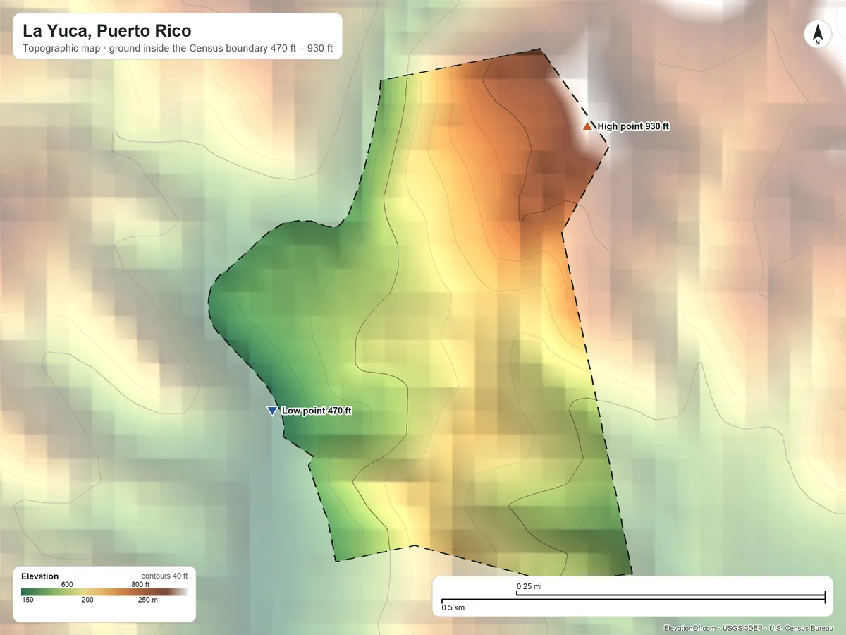 Topographic elevation map of La Yuca, Puerto Rico, shaded from 470 ft on the west side to 930 ft at the foot of the Cordillera Central