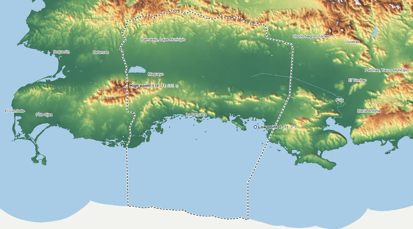 Topographic elevation map of Lajas Municipio, Puerto Rico, shaded from sea level on the Bahía Montalva to 930 ft on the west side