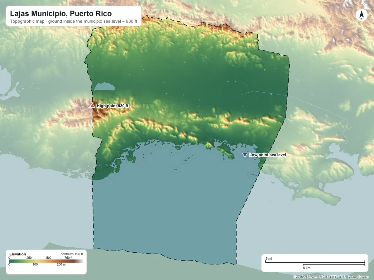 Topographic elevation map of Lajas Municipio, Puerto Rico, shaded from sea level on the Bahía Montalva to 930 ft on the west side