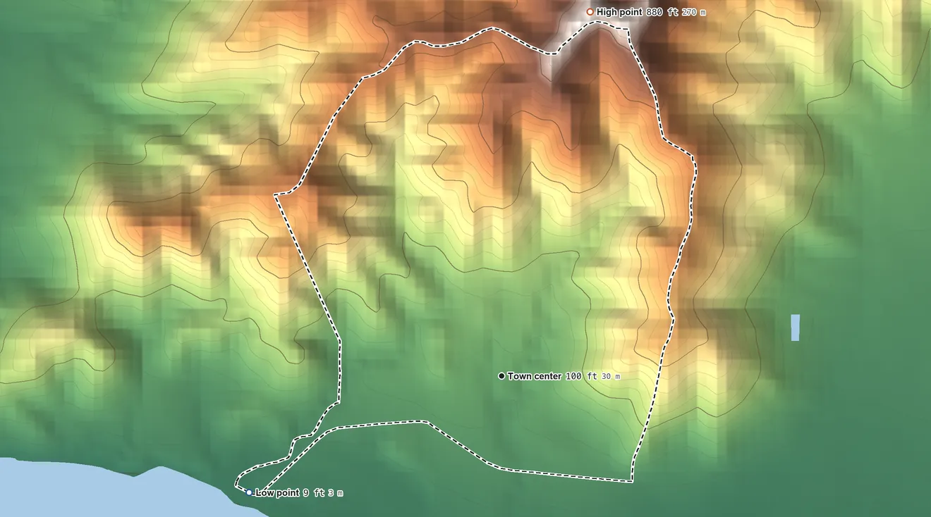 Topographic elevation map of Lamboglia, Puerto Rico, shaded from 9 ft on the southwest side to 880 ft at the foot of the Sierra de Guardarraya