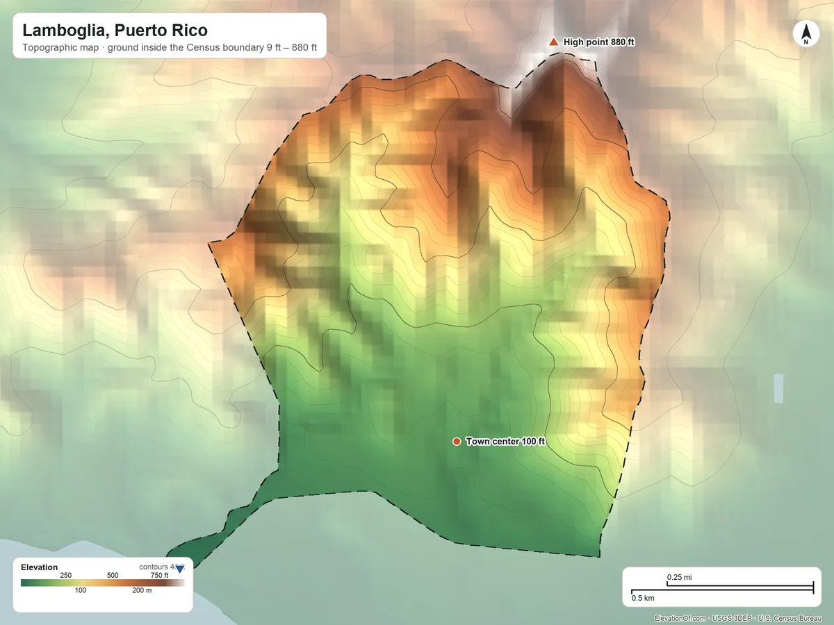Topographic elevation map of Lamboglia, Puerto Rico, shaded from 9 ft on the southwest side to 880 ft at the foot of the Sierra de Guardarraya