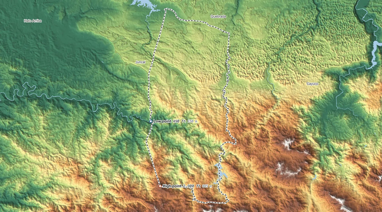 Topographic elevation map of Lares Municipio, Puerto Rico, shaded from 490 ft on the west side to 2,900 ft on the south side