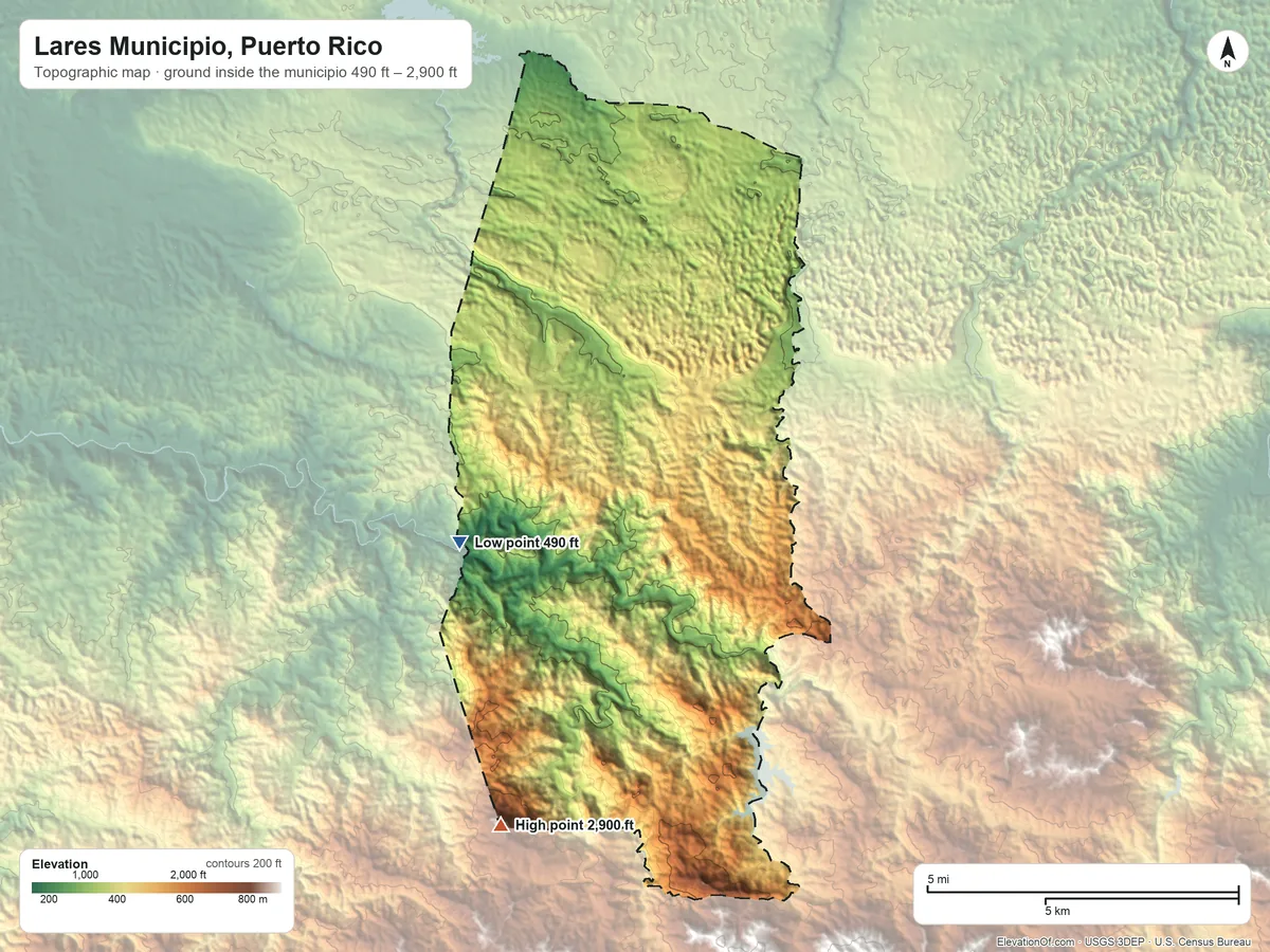 Topographic elevation map of Lares Municipio, Puerto Rico, shaded from 490 ft on the west side to 2,900 ft on the south side