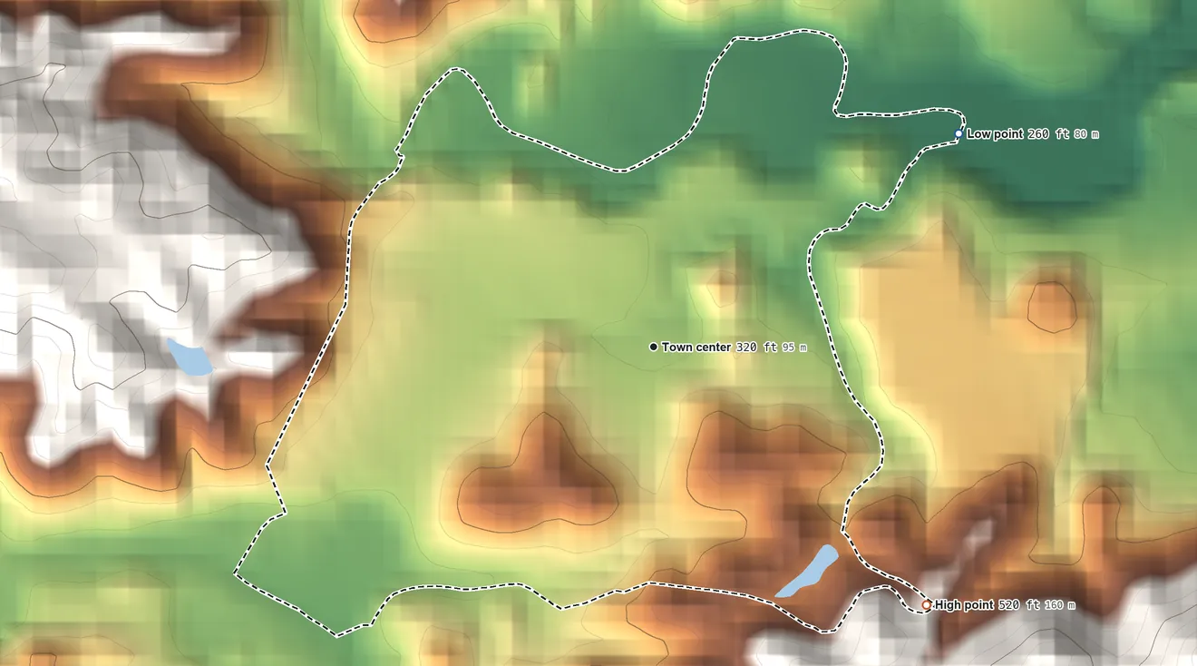 Topographic elevation map of Las Carolinas, Puerto Rico, shaded from 260 ft on the northeast side to 520 ft at the foot of the Altos de la Mesa