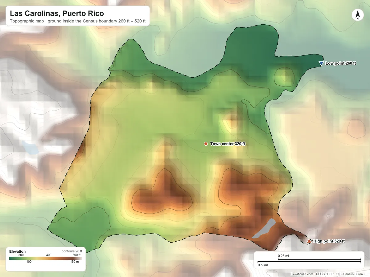 Topographic elevation map of Las Carolinas, Puerto Rico, shaded from 260 ft on the northeast side to 520 ft at the foot of the Altos de la Mesa