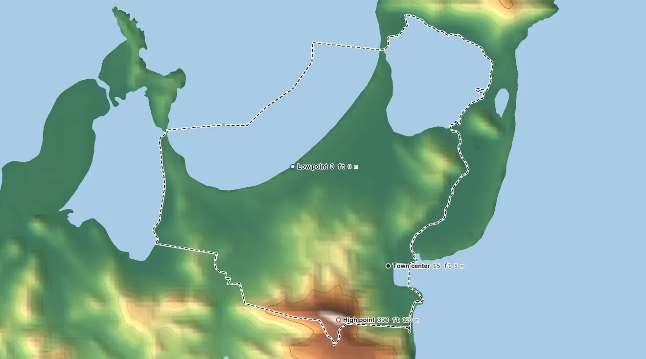 Topographic elevation map of Las Croabas, Puerto Rico, shaded from sea level level on the Cabezas de San Juan to 390 ft on the southwest side
