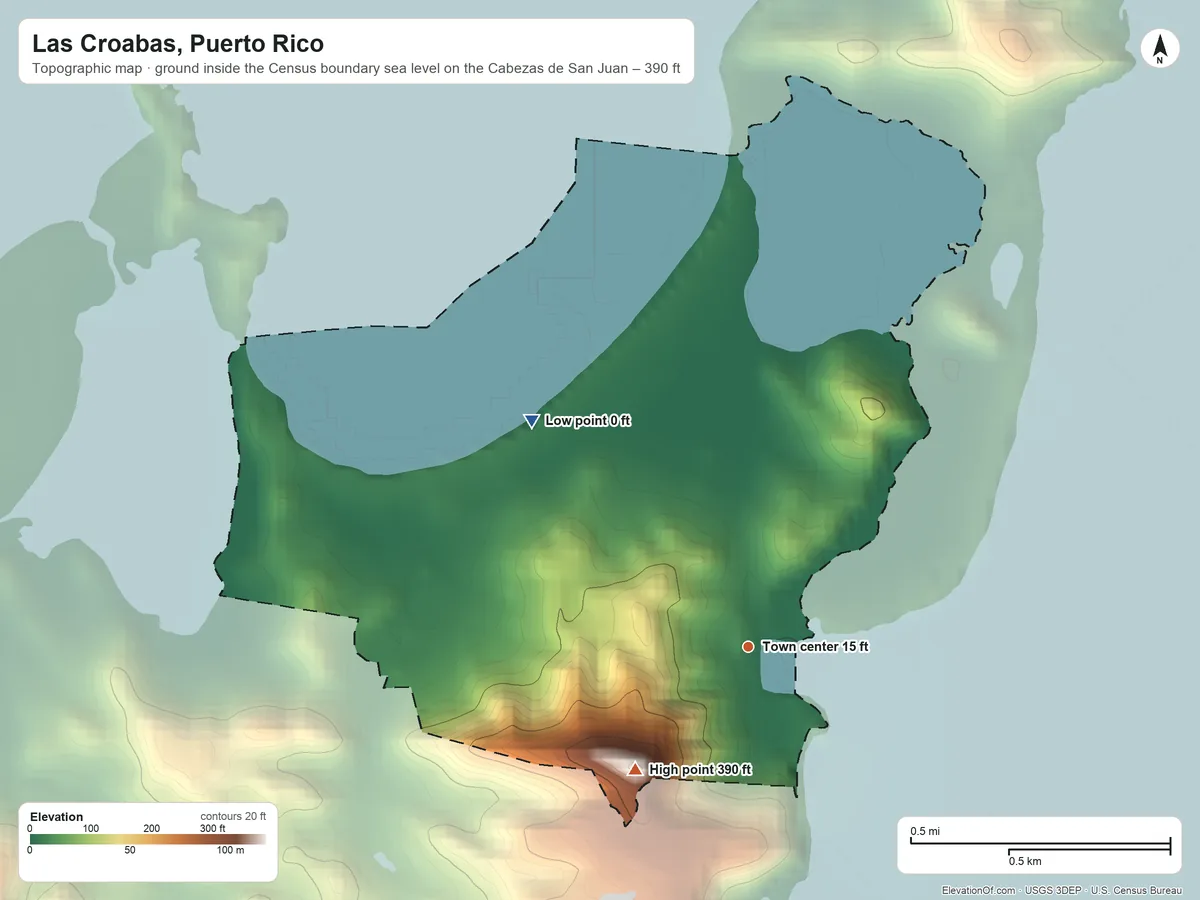Topographic elevation map of Las Croabas, Puerto Rico, shaded from sea level level on the Cabezas de San Juan to 390 ft on the southwest side