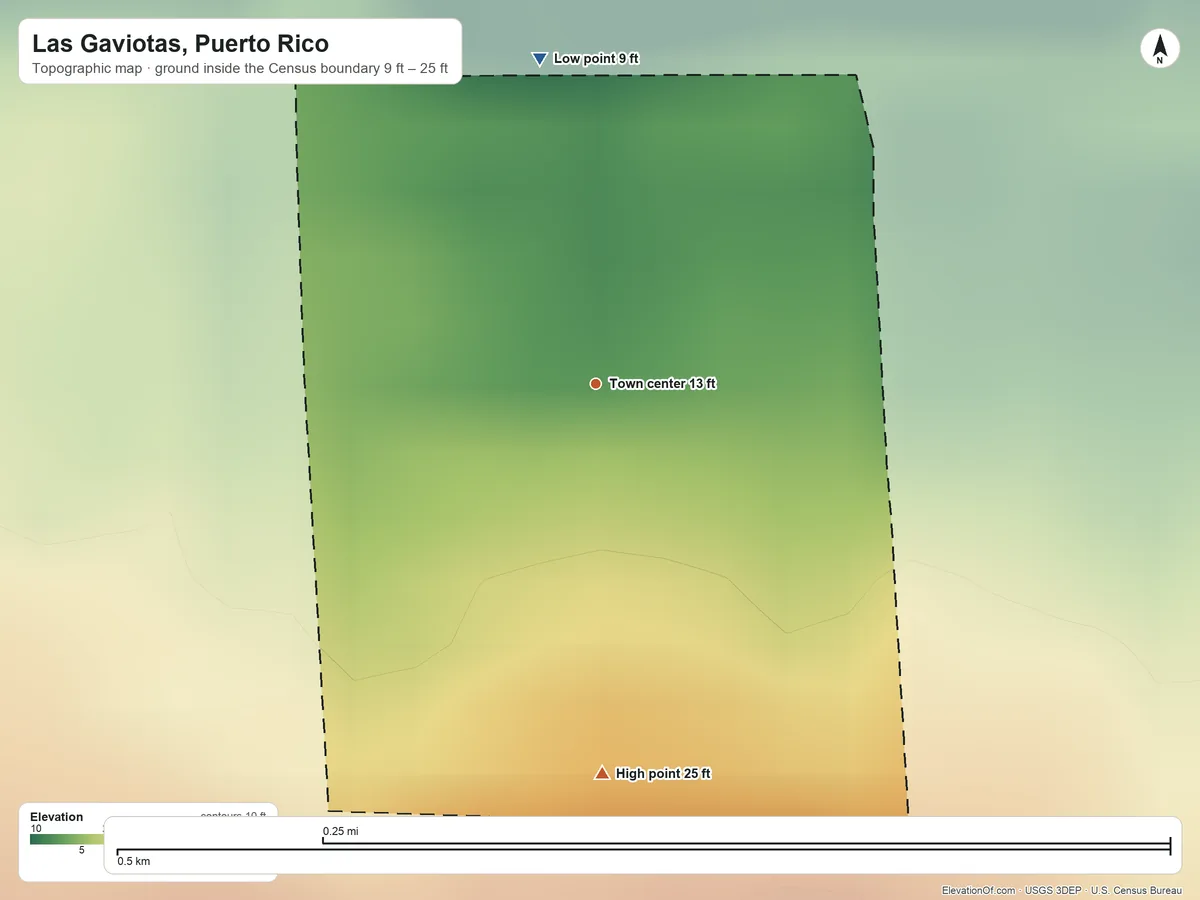 Topographic elevation map of Las Gaviotas, Puerto Rico, shaded from 9 ft on the north side to 25 ft on the south side
