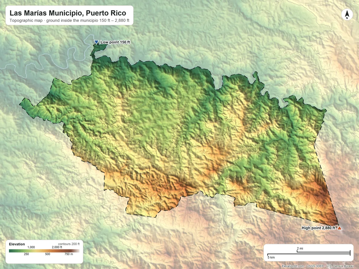 Topographic elevation map of Las Marías Municipio, Puerto Rico, shaded from 150 ft on the northwest side to 2,880 ft on the southeast side