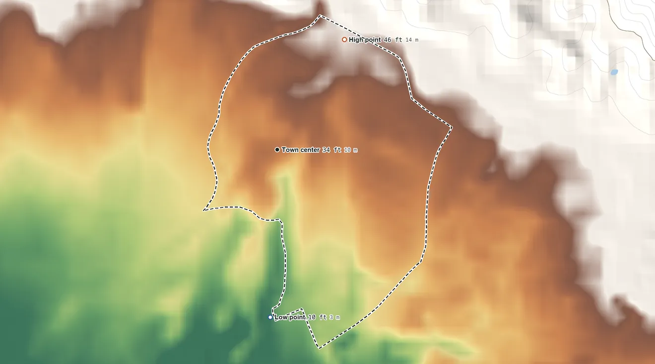 Topographic elevation map of Las Marías, Puerto Rico, shaded from 10 ft on the south side to 46 ft at the foot of the La Cadena