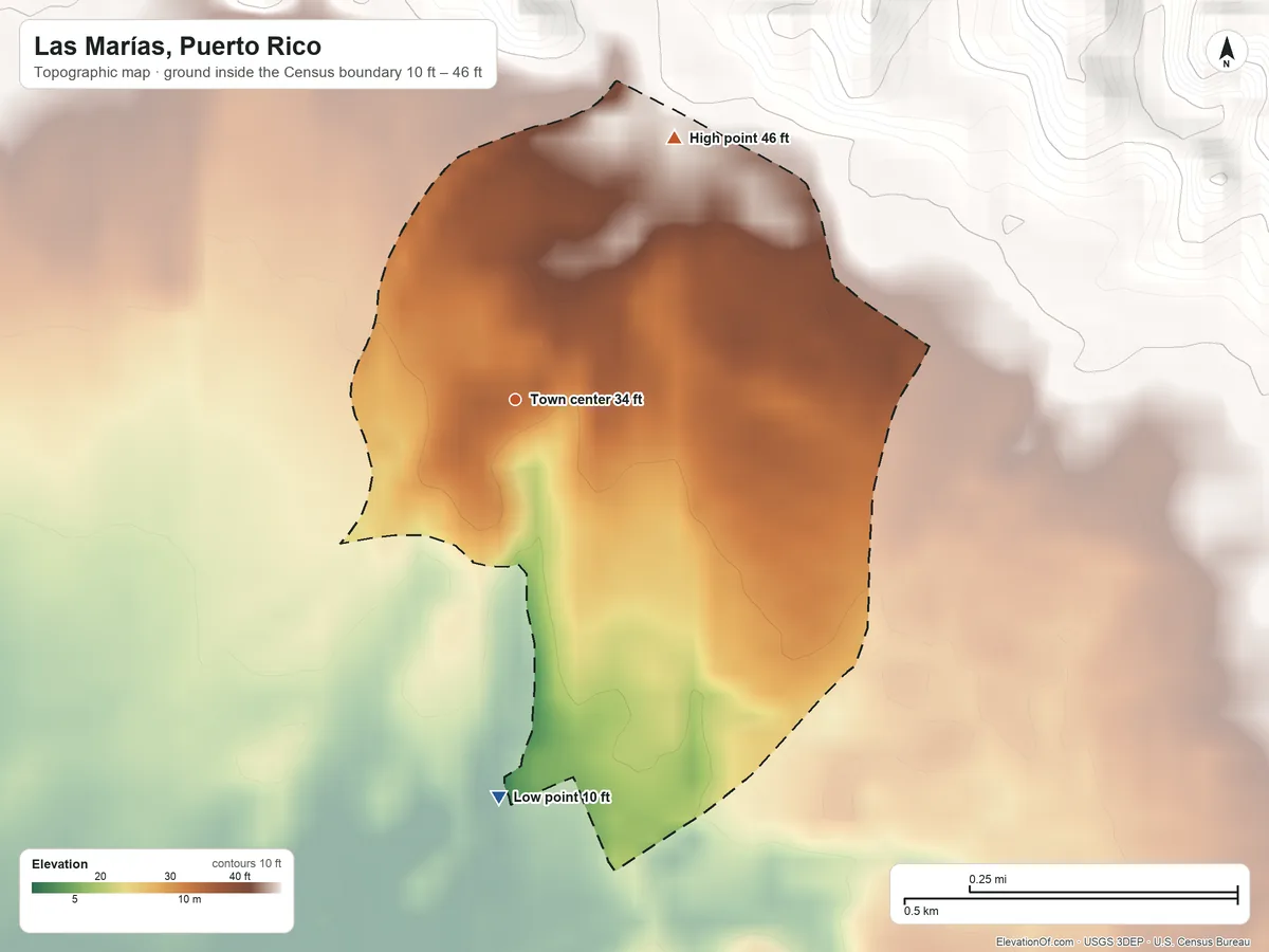 Topographic elevation map of Las Marías, Puerto Rico, shaded from 10 ft on the south side to 46 ft at the foot of the La Cadena