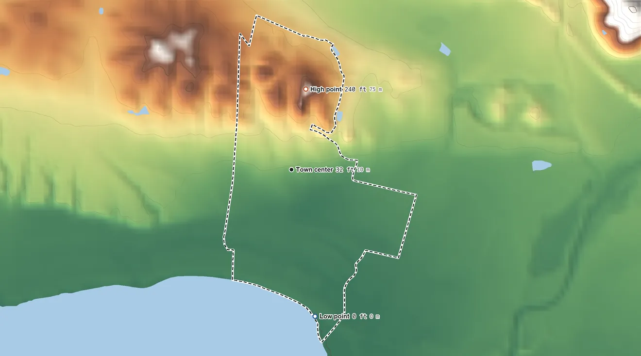 Topographic elevation map of Las Ochenta, Puerto Rico, shaded from sea level level on the Bahía de Rincón to 240 ft at the foot of the Cerros de Santini