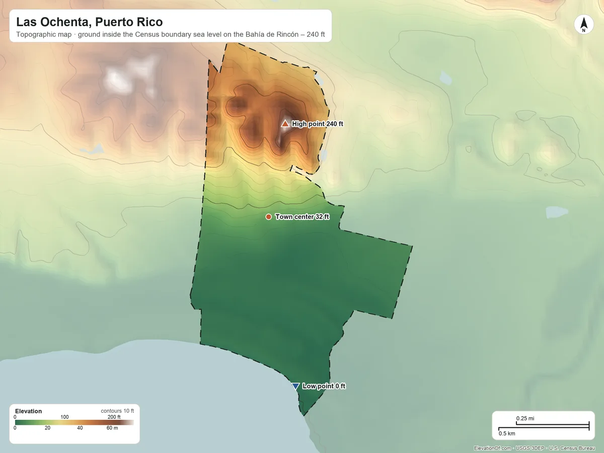 Topographic elevation map of Las Ochenta, Puerto Rico, shaded from sea level level on the Bahía de Rincón to 240 ft at the foot of the Cerros de Santini