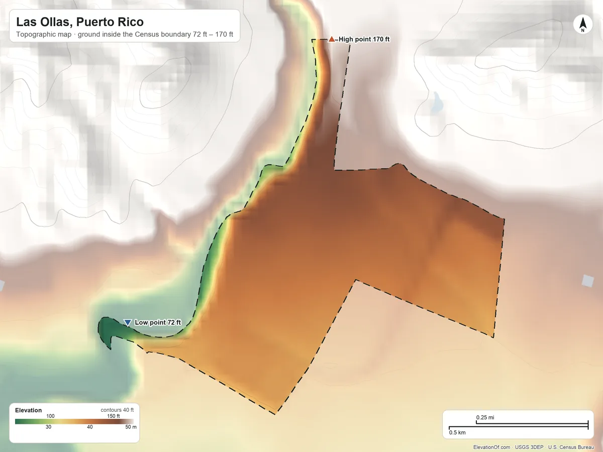 Topographic elevation map of Las Ollas, Puerto Rico, shaded from 72 ft on the west side to 170 ft at the foot of the Cerros de Santini