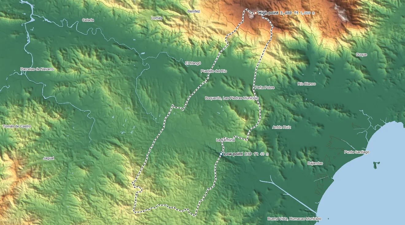 Topographic elevation map of Las Piedras Municipio, Puerto Rico, shaded from 130 ft on the southeast side to 3,480 ft on El Toro