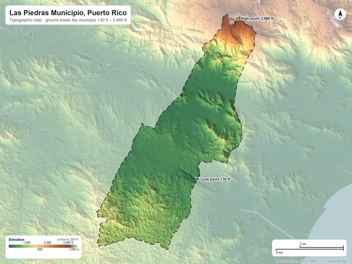 Topographic elevation map of Las Piedras Municipio, Puerto Rico, shaded from 130 ft on the southeast side to 3,480 ft on El Toro