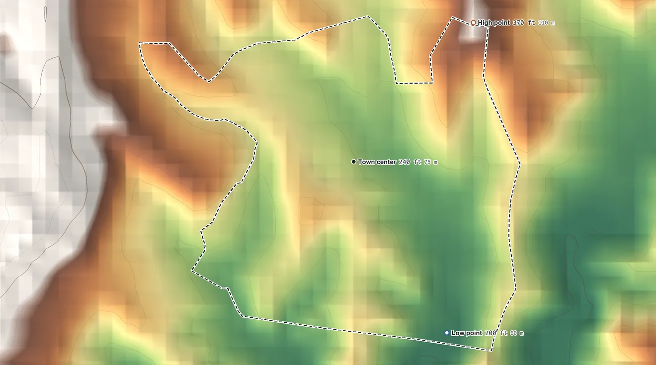 Topographic elevation map of Lassalle, Puerto Rico, shaded from 200 ft on the southeast side to 370 ft at the foot of the Cordillera Jaicoa